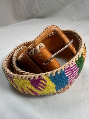 Handmade Guatemalan Woven Multicolored Leather Belt Size 28, Length 32”